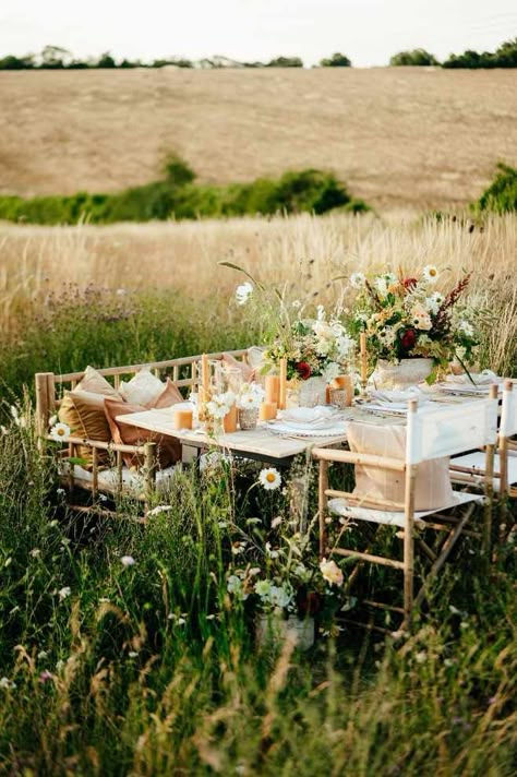 Small, intimate wedding in a meadow. Wildflower meadow wedding reception. Angela Ward Brown Photography #wildflowermeadow #smallwedding #intimatewedding #weddinginafield Garden Style Wedding Reception, Meadow Wedding Reception, Meadow Wedding Table, Green Field Wedding, Meadow Wedding Aesthetic, Wedding In Meadow, Wedding In A Meadow, Wildflower Dinner Party, Meadow Inspired Wedding