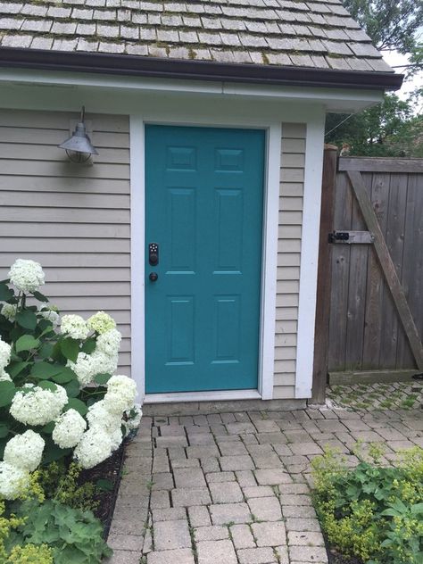 teal front door on gray house Teal Front Door, Teal Front Doors, Teal Door, Front Door Color, Exterior Door Colors, Garage Door Types, Front Door Makeover, Front Door Paint Colors, Door Colors