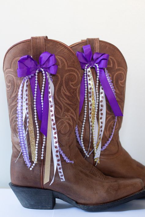 LSU game-day boot bow ribbons | college football game-day accessory Lsu College Bed Party, Lsu Party Decorations, Lsu Game Day Outfit, Lsu Gameday, Lsu College, Lsu Outfits, Gameday Fits, Preppy Country, Lsu Game