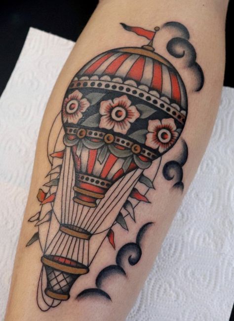 Carnival Tattoo, Traditional Tattoo Arm, Traditional Tattoo Prints, Hot Air Balloon Tattoo, Air Balloon Tattoo, Inner Arm Tattoos, Balloon Tattoo, Traditional Tattoo Flowers, Tattoo Themes