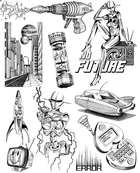 Retrofuturism Tattoos, Retro Futuristic Tattoo, Futuristic Tattoo Ideas, Retro Futurism Tattoo, Jdm Car Tattoo Ideas, Cyberpunk Flash Tattoo, Vintage Car Tattoo Design, Surrealism Flash Tattoo, Motorcycle Tattoo