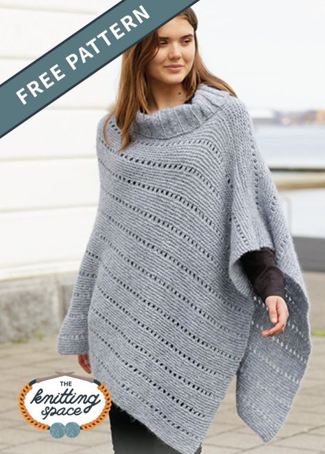 Add instant elegance to your daily autumn outfits by making this chic knitted poncho. | Discover over 3,000 free knitting patterns at theknittingspace.com #knitpatternsfree #handmadegifts #giftideas #DIY #fallknittingpatterns #fallknittingprojects #autumnoutfits #autumncrafts #sweaterweather Poncho Knitting Patterns Free, Knitted Poncho Patterns Free, Easy Poncho Knitting Pattern, Chunky Knit Headband, Knitting Space, Fall Knitting Patterns, Poncho With Sleeves, Poncho Patterns, Poncho Crochet