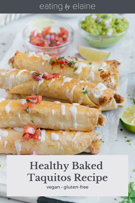 Taquitos Baked, Taquito Recipe, Vegan Taquitos, Baked Taquitos, Vegan Nachos Cheese, Taquitos Recipe, Vegan Nachos, Protein Baking, Gluten Free Tortillas