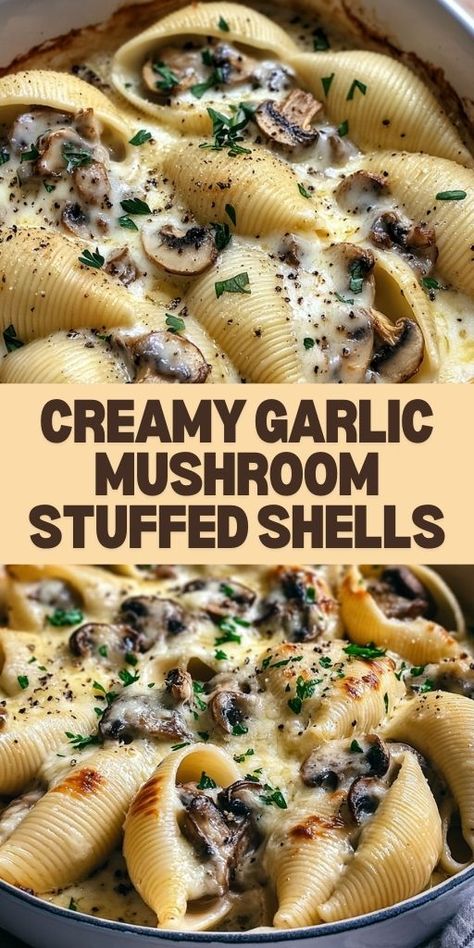 These Creamy Garlic Mushroom Stuffed Shells are the ultimate comfort food! Jumbo pasta shells stuffed with a savory garlic mushroom filling, smothered in a rich and creamy sauce, make for a hearty and satisfying dish. Perfect for dinner parties, special occasions, or a cozy family meal, these stuffed shells are a guaranteed crowd-pleaser. Easy to make and full of flavor, they’re a must-try for pasta and mushroom lovers! #StuffedShells #GarlicMushrooms #ComfortFood #PastaRecipes🍄🍽️ Stuffed Shells Dairy Free, Chicken And Mushroom Stuffed Shells, Stuffed Shells Salmon, Stuffed Shells No Red Sauce, Stuffed Big Shell Pasta, Healthier Stuffed Shells, Shell Stuffed Pasta, Filling Recipes Dinner, Stuffed Pasta Recipe