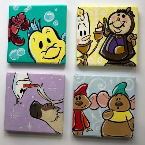 Small Canvas Paintings Set Of 4, Series Painting Ideas, Disney Frames Ideas, Easy Paintings Disney, Canvas Painting Ideas Disney, Pixar Paintings, Disney Painting Ideas On Canvas, Disney Paintings On Canvas, Disney Character Paintings On Canvas