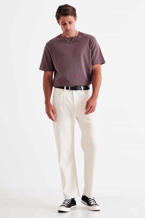 White Shirt Tucked In Outfit Men, T Shirt Tucked In Jeans Outfit Men, Black Converse High Tops Outfit, White Trousers Outfit Men, White Trousers Outfit, Trousers Outfit Men, White Tshirt Outfit, High Tops Outfit, White Pants Men