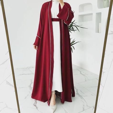 Shrug Abaya, Stylish Abaya Designs, Burkha Designs, Red Colour Dress, Korean Fabric, Flowy Cardigans, Hijabista Fashion, Dress Outer, Niqab Fashion