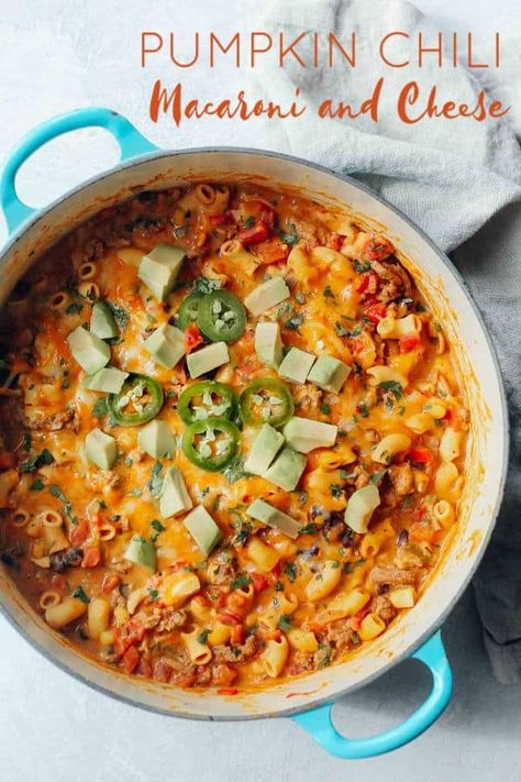 Pumpkin Chili Macaroni and Cheese | Destination Delish - comfort food favorites—chili, macaroni and cheese, and pumpkin—combine into one tasty dish that’s healthy and hearty! #chili # pumpkin #macaroniandcheese Chili Pumpkin, Chili Macaroni, Black Bean Corn, Hearty Chili, Pumpkin Sauce, Pumpkin Pasta, Pumpkin Chili, Jalapeno Peppers, Chili Mac