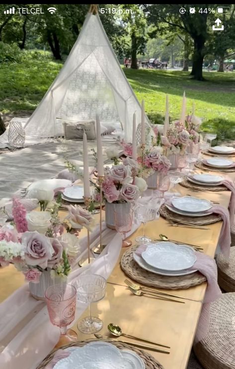 Fancy Picnic Party, Indoor Tea Party Decorations, Bridgeton Themed Party Decor, Pink Picnic Ideas, Cute Table Set Up, Picnic Set Up Ideas Simple, Pink Birthday Picnic, Flower Birthday Decor, Picnic Setup Ideas