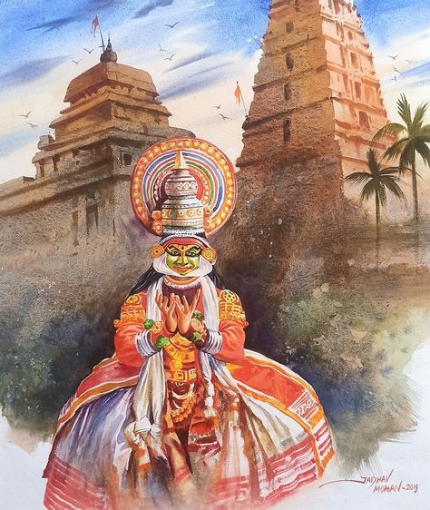 South Indian Culture Painting, Indian Culture Painting, Kathakali Dance, Dance Indian, Art Forms Of India, Watercolor Indian, Indian Traditional Paintings, Beginners Painting, Home Decor Indian