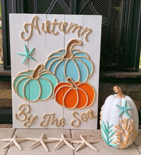 Pumpkins Decorating Ideas, Coastal Fall Decor Ideas, Coastal Pumpkins, Coastal Fall Decor, Pumpkins Decorating, Coastal Fall, Fall Beach, Coastal Holiday, Handmade Mermaid