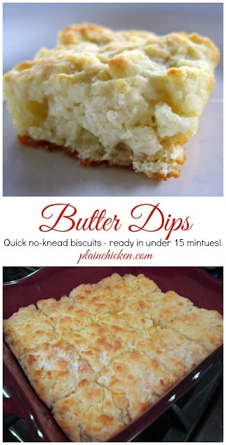 Butter Dips Biscuit Recipe - only 6 simple ingredients! You probably have them in your pantry right now! No-kneading at all! Just mix dough together and pat down in pan. Ready in under 15 minutes! Butter Dips, Biscuit Bread, Easy Butter, Biscuit Rolls, Biscuits Easy, Homemade Biscuits, Biscuit Recipe, Bread Dough, Naan