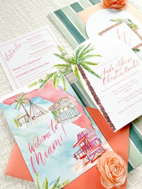 Miami Themed Wedding, Florida Wedding Ideas, Destination Wedding Invites, Florida Wedding Invitations, Miami Wedding Invitations, Aruba Wedding Invitations, Destination Wedding Save The Date, Destination Wedding Timeline, Old Florida Wedding Invitations