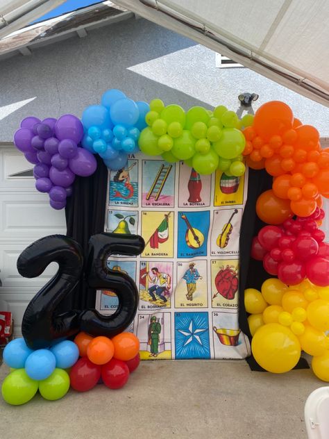 Loteria backdrop, balloon garland Loteria Balloon Garland, Loteria Theme Cake, Loteria Backdrop Ideas, Mexican Loteria Party Ideas, Loteria Centerpiece Ideas, Loteria Theme Party Ideas, Loteria Party Decorations, Loteria Backdrop, Loteria Birthday Party Theme