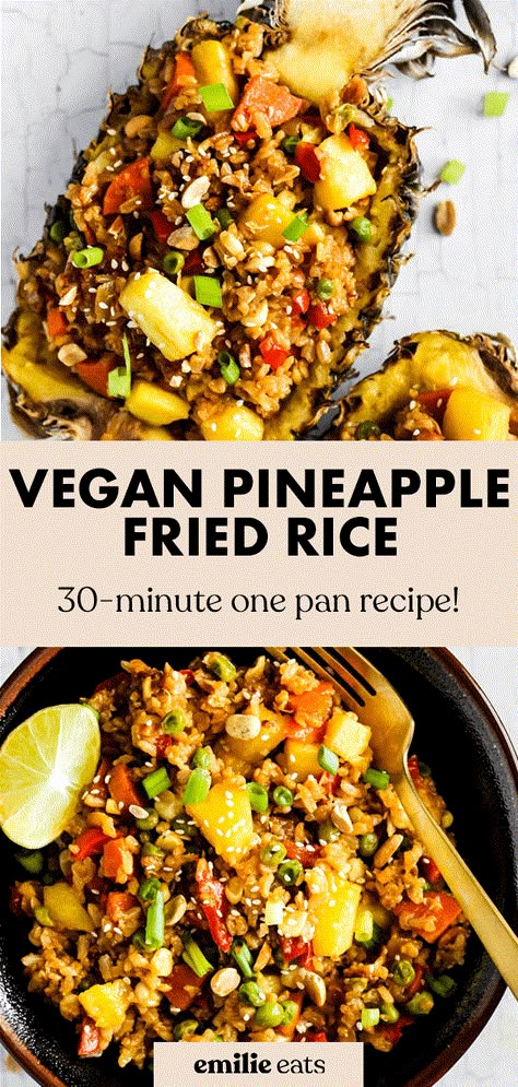 Vegan Pineapple Recipes, Vegan Pineapple Fried Rice, Vegan Fried Rice Recipe, Pineapple Rice Recipes, Hawaiian Fried Rice, Pineapple Fried Rice Recipe, Vegan Fried Rice, Pineapple Rice, Rice Recipes Vegan