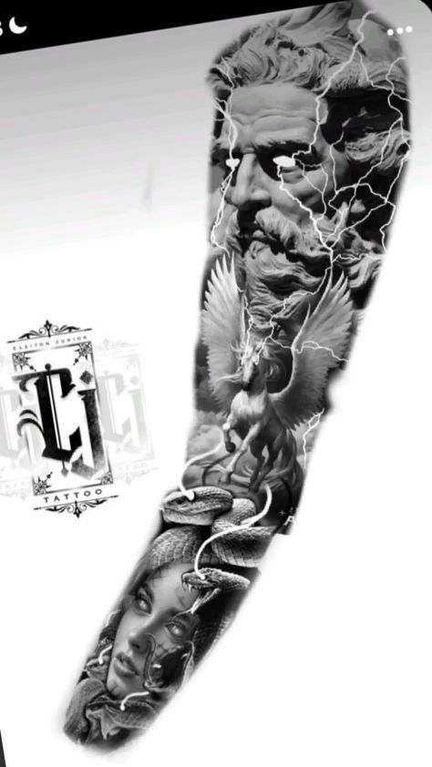 Medusa Tattoo Sleeve, Lion Hand Tattoo, Tattoo Font For Men, Poseidon Tattoo, Zeus Tattoo, Realism Tattoos, Last Kingdom, Full Sleeve Tattoo Design, Mythology Tattoos