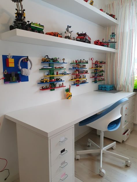 LEGO room LEGO storage Ikea LUSTIG HELMER LACK Ikea Lego Desk Hack, Container Store Lego Storage, Boys Bedroom Lego Storage, Boys Bedroom With Lego Storage, Lego Storage Desk, Boys Lego Desk, Lego Bedroom Storage, Lego Storage Bedroom, Lego Display Shelves Boy Rooms