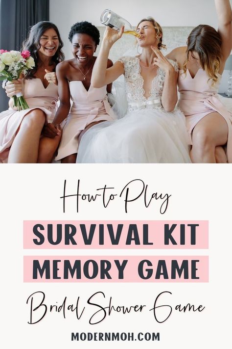 Need a creative bridal shower game idea? The bridal shower survival kit memory game is a fun, interactive challenge where guests test their memory with wedding survival kit items. It will bring lots of laughs and entertain everyone during the bridal shower party. Learn how to quickly set up this bridal or wedding shower game with our complete guide! | Modern MOH Small Bridal Shower Ideas, Bachelorette Party Budget, Wedding Survival Kit, Bridal Shower Planning Checklist, Maid Of Honor Responsibilities, Bridal Shower Party Decorations, Wedding Survival Kits, Survival Kit Items, Bridal Shower Games Prizes