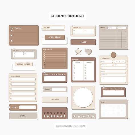 Student Sticker Pack - Shades of Brown ultimateplanner #kidsdailyplanner Writing Paper Template Aesthetic, Notebook Page Template, To Do List Template Aesthetic, Good Notes Sticker, Planners Aesthetic, Student Stickers, Study Stickers, Digital Sticky Notes, Digital Workspace