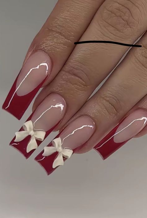 Red French With Bow, Square Red Chrome Nails, Red French Tips With Design, Valentines Nails With Charms, Red French Tip Designs, Red French Tip Nails With Bow, Red French Tip With Bow, Beige And Red Nails, Nail Inspo Spiderman