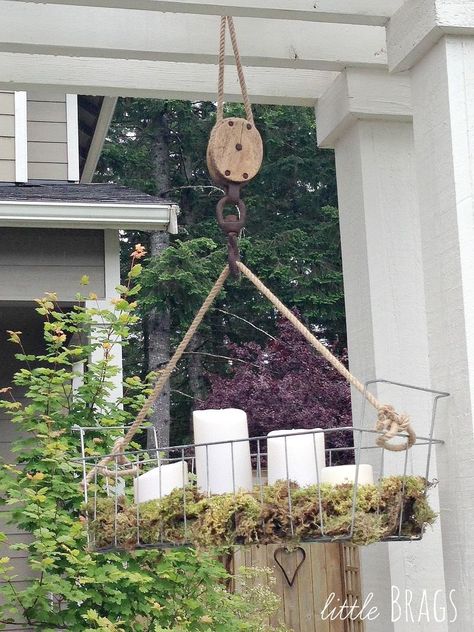 DIY Hanging Wire Basket On An Old Pulley Basket Hanging On Wall, Spray Painted Baskets, Pulley Ideas, Small Chalkboard Signs, Copper Basket, Hanging Wire Basket, Garden Fairies, Boho Lamp, Small Chalkboard