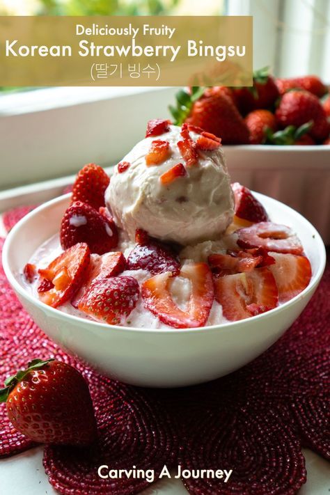 Strawberry Bingsu Recipe, Bingsu Korean Recipe, Strawberry Shaved Ice, Korean Shaved Ice Recipe, Bingsu Recipe, Strawberry Bingsu, Bingsu Korean, Korean Bingsu, Korean Shaved Ice