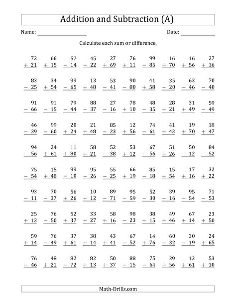 The 100 Two-Digit Addition and Subtraction Questions with Sums/Minuends to 99 (A) math worksheet from the Mixed Operations Worksheet page at Math-Drills.com. Grade 2 Math Worksheets Addition And Subtraction, Math For 2nd Grade Worksheets, Addition And Subtraction Worksheets 2nd, Math Worksheets 2nd Grade, Subtraction Facts Worksheet, Two Digit Addition, Multiplication Facts Worksheets, Math Facts Addition, Math Fact Worksheets