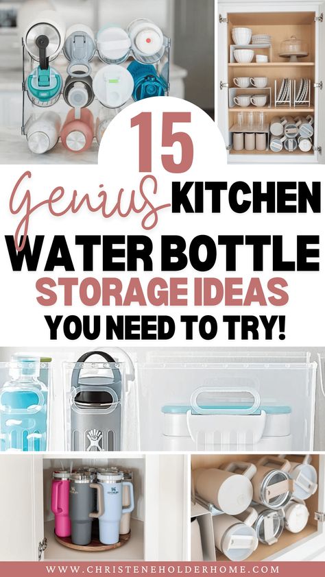 Say goodbye to clutter with these 15 genius kitchen water bottle storage solutions! Discover creative and practical ways to organize your bottles, from custom cabinet inserts to stylish wicker baskets. Maximize your space and keep your kitchen tidy with these easy-to-implement ideas. Click now to explore and transform your kitchen storage! Store Dishes Storage Ideas, Thermos Storage Ideas, Drinking Glass Storage Ideas, Drinks Bottle Storage, Water Bottle Cabinet Storage, Tumbler Storage Ideas Kitchen, Diy Drink Storage Ideas, Small Wine Storage Ideas, Ways To Store Water Bottles