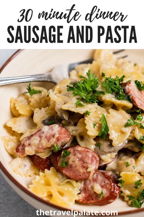 Yummy Dinner Recipes, Sausage And Pasta, Creamy Sausage Pasta, Pasta With Mushrooms, Smoked Sausage Pasta, Sausage Recipes For Dinner, Sausage Dinner, Smoked Sausage Recipes, Sausage Pasta Recipes