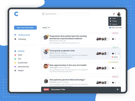 Design Forum For X by Aymen Zarrouki Intranet Portal, Social App Design, Dribbble Design, Ui Design Dashboard, Personalized Medicine, Mobile Web Design, Forums Design, Web News, Dashboard Design