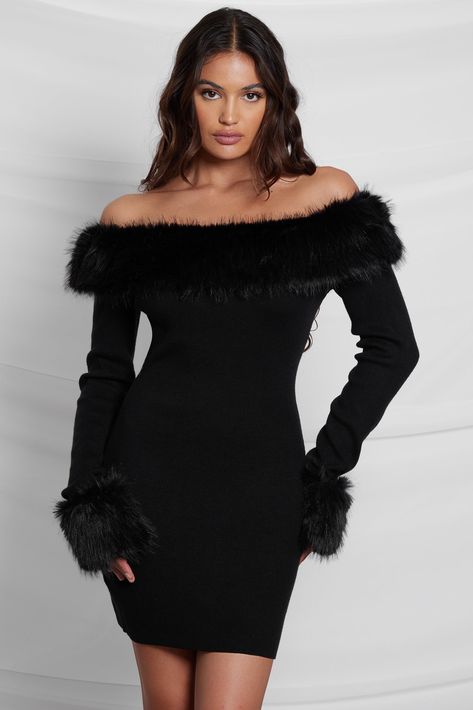 Crafted from soft yet thick knit material, our new Fira Fur Trim Knit Mini dress is designed for the most special occasions. The off shoulder neckline features a luxurious faux fur trim and skims down the body to a bodycon mini dress. The long sleeves compliment the neckline with matching fur trim. For a complete look, Dress With Fur Coat, Off Shoulder Neckline, Fur Dress, Fall 23, Faux Fur Fabric, Knit Mini Dress, Hoco Dresses, Long Sleeve Bodycon, Slingback Pump