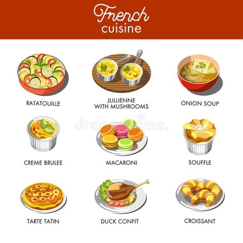 Dishes Illustration, Fruit Lunch, Elegant Food, Duck Confit, French Dishes, Onion Soup, French Food, Interactive Notebooks, Macaroni