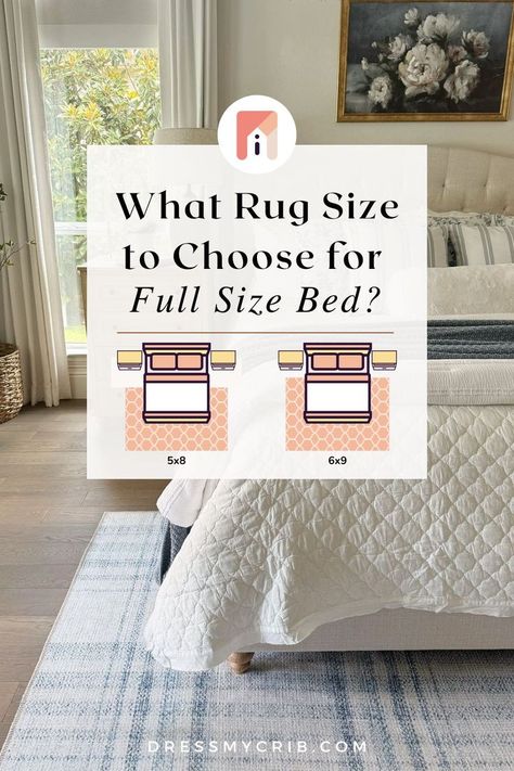 This Bedroom Rug Size Guide for Full Bed will help you narrow down your full bed rug size and placement. The guide includes tips on how to choose the right size rug for full size bed, bedroom rug placement full bed and full bed rug dimensions. Use this guide to choose the best bedroom rug size and bedroom rug placement for your room or explore full bed rug ideas! Additionally, virtually preview any rug in your room with our free rug visualization tool to find a perfect full bed rug size! Full Size Bed Rug Guide, Rug For Full Size Bed, Bed Rug Size Guide, Queen Bed Rug Placement, Bed Rug Ideas, Bed Rug Placement, Bed Rug Size, Neutral Bedrooms With Pop Of Color, Queen Bed Rug