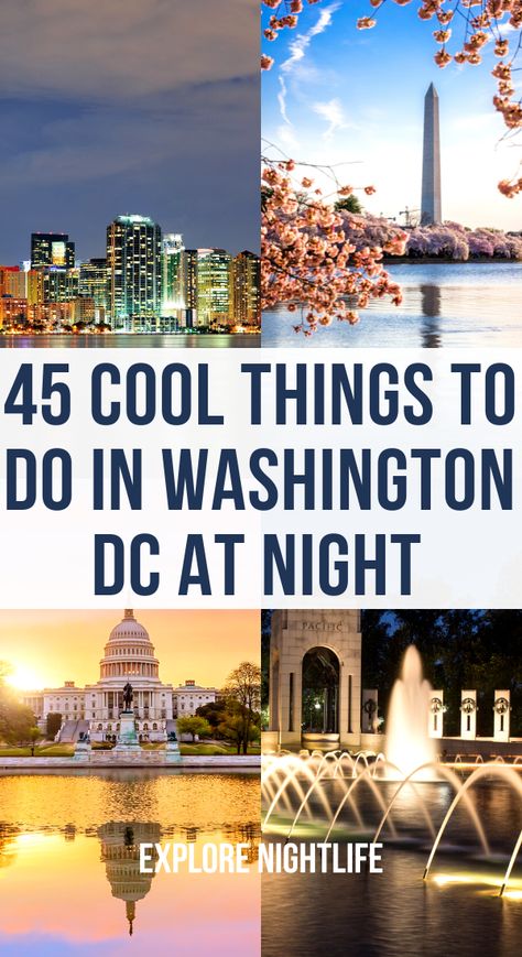 There are a plethora of things to do in Washington DC at night. As the sun sets over the nation’s capital, it undergoes a fascinating transformation. In this post, you will learn what to do in Washington DC at night, discover hidden gems, know about the best things to do in Washington DC at night, vibrant neighborhoods, and unexpected delights that come alive under the cloak of darkness. Washington Dc At Night, Dc Bucket List, Dc At Night, Washington Dc Bucket List, Dc With Kids, Things To Do In Dc, Washington Dc Travel Guide, Washington Dc With Kids, Washington Dc Vacation