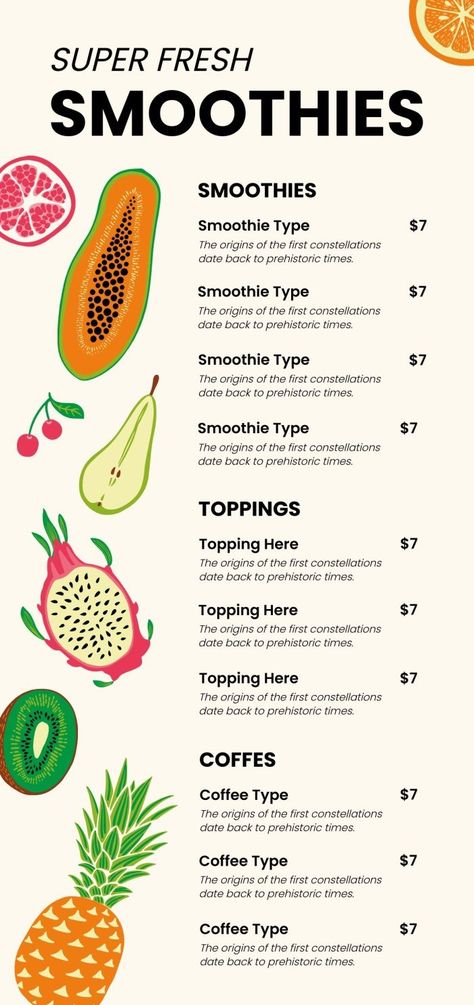 Colorful Hand-drawn Vertical Smoothie Menu Smoothie Menu Design Ideas, Juice Menu Design Ideas, Smoothie Menu Design, Smoothie Menu, Juice Menu, Menu Maker, Menu Design Ideas, Presentation Maker, Fresh Smoothies