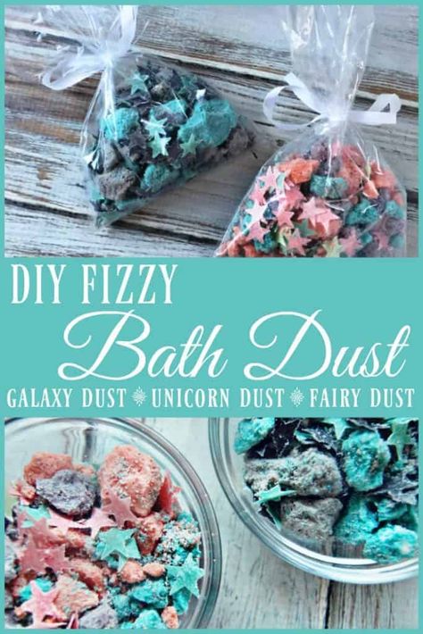 Are you ready to make your children squeal with delight? Are you ready to thrill your unicorn obsessed friends? Check out this DIY fizzy bath dust aka.... Fizzy Unicorn Dust or Fizzy Galaxy Dust or Fizzy Fairy Dust (you can really name it whatever you want or just go with plain jane Fizzy Bath Dust but personally Unicorn, Galaxy, and Fairy dust are the favorites). This DIY Fizzy Bath Dust is basically crumbled bath bombs with a dash of bath confetti. Bath Dust, Unicorn Dust, Săpunuri Handmade, Diy Hanging Shelves, Bath Bomb Recipes, Bath Fizzies, Mason Jar Crafts Diy, Homemade Bath Products, Mason Jar Lighting