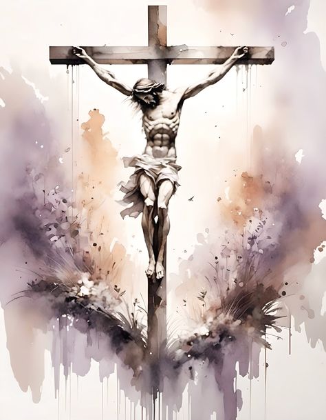 Welcome to In Christ Name!  Here you will find an amazing array of high quality digital art images which you can print on any material you wish, including canvas, photo papers, watercolor art papers as well as mugs, shirt or posters. Bring a touch of sacred solitude to your space with this stunning watercolor painting of Jesus on the cross. Created in a blend of purple and muted tans, this exquisite piece captures the solemnity and grace of the crucifixion in a unique and artistic way. Perfect f Jesus On The Cross Art, Bible Prints, Jesus Christ Artwork, Canvas Photo, Cross Art, Wall Art Watercolor, Jesus Painting, Art Aquarelle, Christian Quotes Inspirational