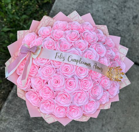 50 eternal roses (Ribbon roses) bouquet with a bow, banner with writing, and crown. Roses color and wrapping can be customized to your liking. 50 Count Rose Bouquet, Eternal Rose Bouquet, Ribbon Roses Bouquet, Eternal Flower Bouquet, Ribbon Bouquets, Eternal Bouquet, Bow Banner, Ramo Ideas, Roses Ribbon