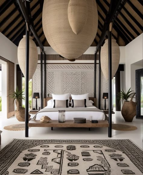 African Bedroom Decor Ideas Interior Design, Tahitian Interior Design, African Hotels Interior Design, African Inspired Interior Design, Nigerian Interior Design, African Bedroom Ideas, African Inspired Bedroom, Afro Boho Bedroom, African Bedroom