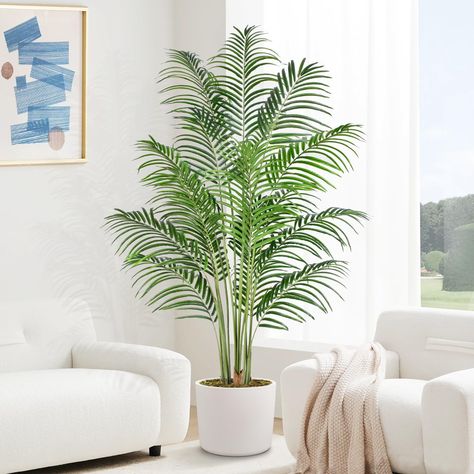 PRICES MAY VARY. This highly realistic artificial palm tree is made of durable and premium polyester material,the black pot base is covered by green wood chaff and hand-planted with real tree bark which is more realistic and natural than faux plastic bark, "looks so real, they're nearly green live plants!" This 6ft tall artificial palm tree has 18 smooth pristine trunks connected with up to 570 arching feather-like leaves with realistic texture, providing your coastal decor with an authentic and Farmhouse Modern Decor, Dypsis Lutescens, Areca Palm Plant, Fake Palm Tree, Fake Trees, Areca Palm, Palm Plant, Faux Tree, Artificial Trees