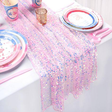 PRICES MAY VARY. 5mm Round Sequins Material With Mesh Fabric Backing Pink Table Runner Size: 1 piece of 25 Inches width 120 Inches length(10FT long) sequin table runner. It is fits for 6-10 seats table,sparkle table runners that can meet your themed dining table decoration needs. Glitter Table Runner:The iridescent table runner is made of 5MM round sequins material with mesh fabric backing. reliable and soft, not easy to fade, the sturdy construction makes the table runner of good durability, re Pink Frozen Birthday Party, Mermaid Table, Summer Wedding Party, Mermaid Birthday Decorations, Sweetheart Table Decor, Iridescent Mermaid, Table Rose, Mermaid Theme Birthday Party, Green Table Runner