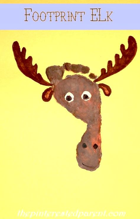 Footprint Elk Craft - Footprint Crafts A-Z E is for elk Baby Footprint Crafts, Winter Animal Crafts, Cow Craft, Footprint Craft, Footprint Crafts, Baby Art Projects, Alphabet Crafts, Footprint Art, Handprint Craft