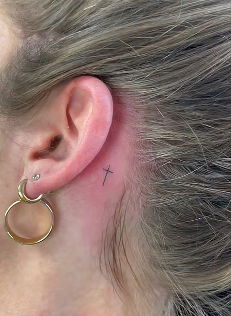 Dainty Tattoos Meaningful, Cross On Ear Tattoo, Tiny Cross Behind Ear Tattoo, Small Cross Neck Tattoo, Behind The Ear Tattoo Ideas Cross, Cross Fine Line Tattoo, Cross Tattoos For Women Behind The Ear, Small Cross Tattoo Behind Ear, Cross Behind The Ear Tattoo