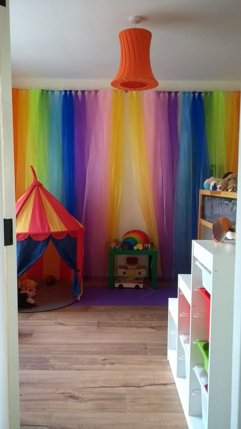 Rainbow wall curtain. Playroom space. IKEA circus tent. Kallax storage solution. Mid sleeper bed hideaway. Grimms wooden toys. Grimms rainbow, cars, 12 rainbow people and balls. Kallax Storage, Rainbow Playroom, Rainbow Curtains, Rainbow Bedroom, Diy Toy Storage, Mid Sleeper Bed, Unicorn Bedroom, Toy Storage Solutions, Unicorn Room