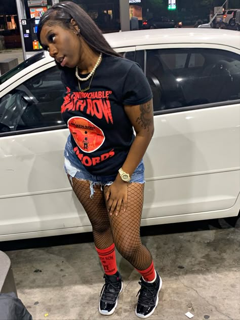 Shorts And Jordan 1 Outfit, Fishnets Shorts Outfit, Cute Jordan Outfits For Women, Club Sneakers Outfit Women, Sweater And Shorts Outfit Black Women, Fishnet Stockings Outfit Black Women, Jordan Style Outfits Women, Shorts With Sneakers Outfits, Jordan Outfit Black Women