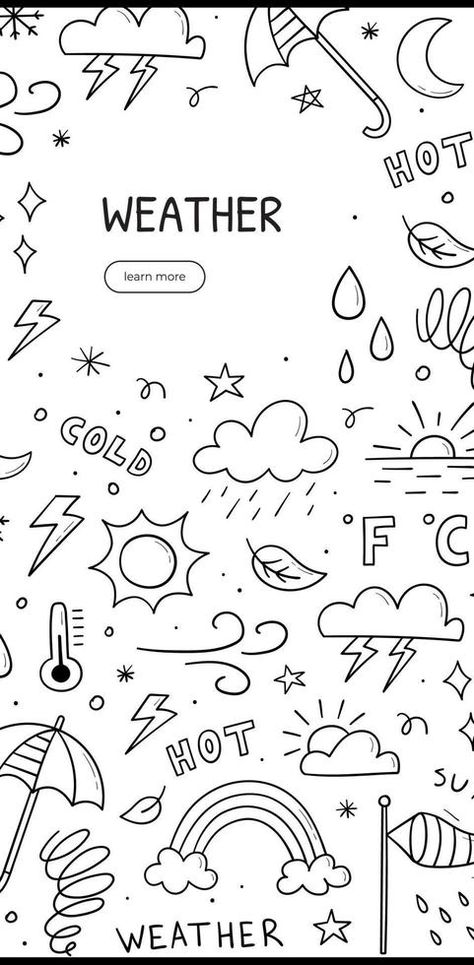 Hand drawn doodle of weather theme. Vertical banner template. Contains sign of the sun, clouds, snowflakes, wind, rain, moon, lightning and more. Sketch style illustration. Storm Doodle Drawings, Wind Doodle, Wind Sketch, Drawing Rain, Annotating Books, Vertical Banner, Weather Wind, Weather Theme, Vector Animation