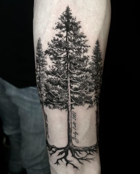 In the embrace of family roots: @jenskinart's signature black and gray realistic trees tattoo stands tall as a tribute to familial bonds. Each branch whispers stories of strength and connection, etched in ink as enduring as the family tree itself. 🌳🖤⁠ Tree Tattoo Upper Arm, Tree Bicep Tattoo, Oak Tree Tattoo Men, Realistic Tree Tattoo, Tree Root Tattoo, Tree With Roots Tattoo, Troy Tattoo, Root Tattoo, Trees Tattoo