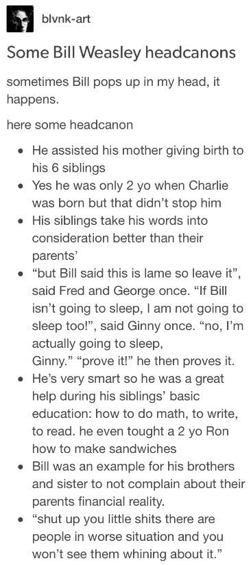 Some Bill Weasley headcanons -  Not the giving birth thing but yeah Weasley Family Headcanons, Weasley Headcanons, Bill Weasley, Weasley Family, Yer A Wizard Harry, Harry Potter Comics, Potter Facts, Harry Potter Tumblr, Harry Potter Headcannons