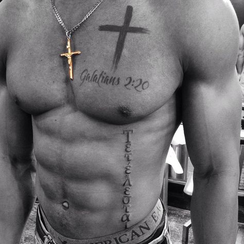 top tattoo: Galatians 2:20 with brushstroke cross bottom tattoo: "It is finished" in Greek Bottom Tattoo, Christian Tattoos Men, Christian Cross Tattoos, 20 Tattoo, Tattoo On Chest, Verse Tattoos, Small Chest Tattoos, Aquarius Tattoo, Cross Tattoo For Men