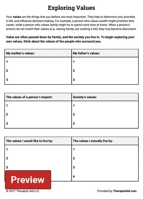 Exploring Values (Worksheet) | Therapist Aid Values Art Therapy, Value Clarification Activities, Values Clarification Activities, Values Worksheet Therapy, Motivational Worksheets, Values Activities, Values Clarification, Values Worksheet, Personal Core Values